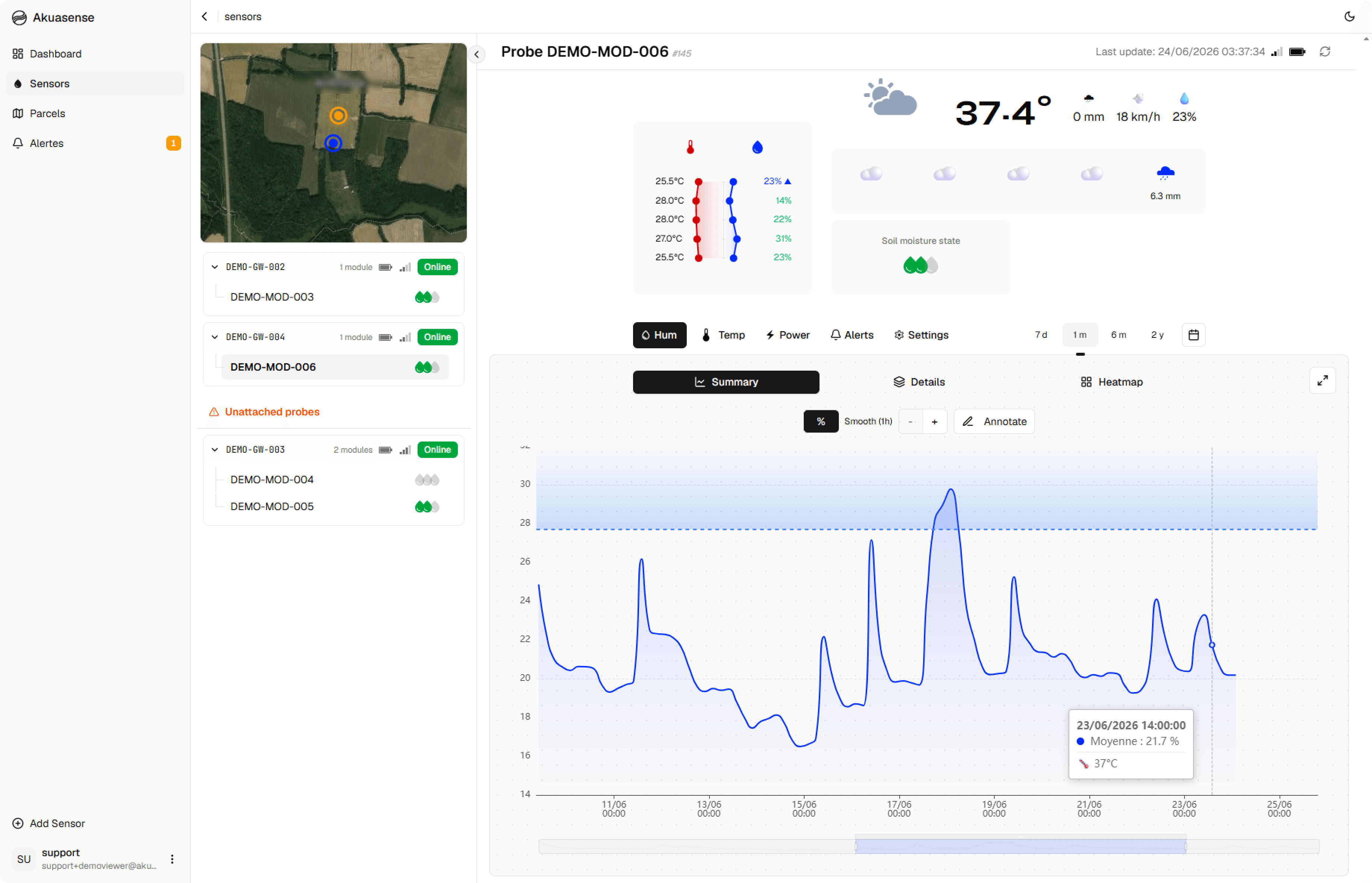 The Sensors page of the app (the hub)